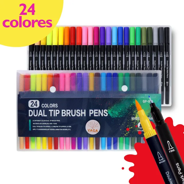 Dual Brush Pens Plumones Doble Punta 24 Pincel Rotulador