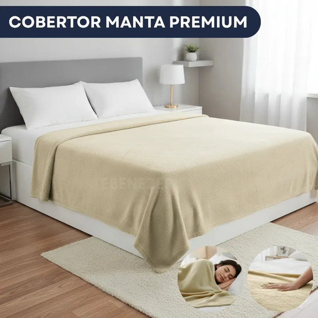 Cobertor manta de microfibra cor cáqui estendido sobre uma cama de casal em quarto decorado com detalhes em branco e cinza
