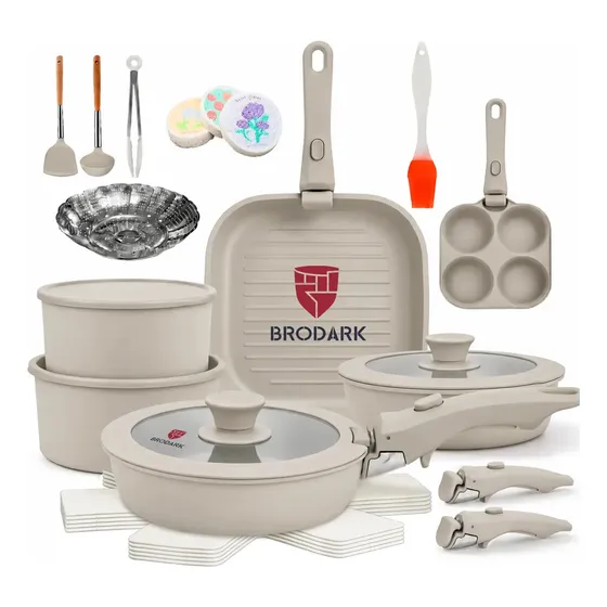 BRODARK 25 Piezas Juego De Sartenes Ollas Cerámica Batería De Cocina Utensilios Sartenes Antiadherentes Con Mangos Desmontables Y Tapas De Vidrio Para Inducción, Gas Y Horno Color Caqui
