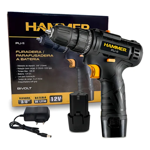 Parafusadeira Furadeira Hammer Pli-11 A Bateria Preto