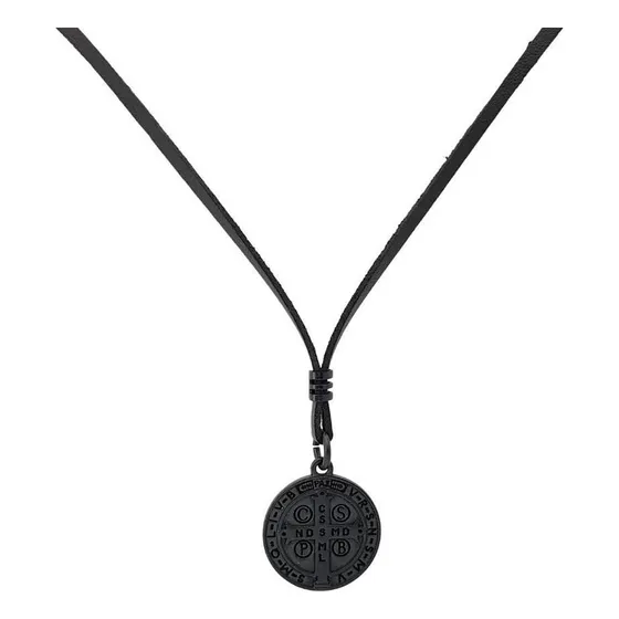 Colar Masculino De Couro Religioso São Bento Noir Gospel