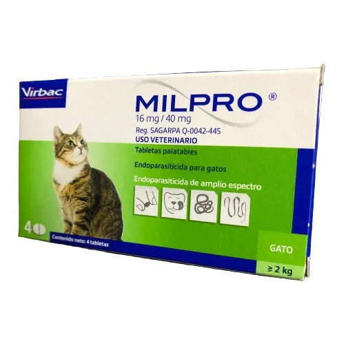 Desparasitante Interno Para Gato Virbac Milpro 16mg (4 Comp)