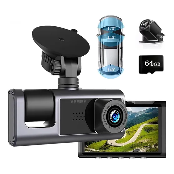 Vesry X06 Cámara para Automóvil 1080p Dashcam 3 Cámaras Frontal Interior y Trasera con Tarjeta 64 GB
