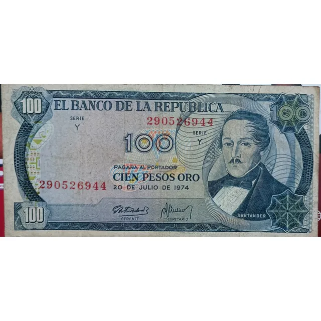 Billete Antiguo De 100 Pesos Oro Colombianos Del Año 1.974