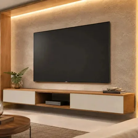 Rack Suspenso Para Tv Ate 72 Polegadas Nicho 1.8 Design Moderno Sala 2 Gavetas Cor Camaru-off White