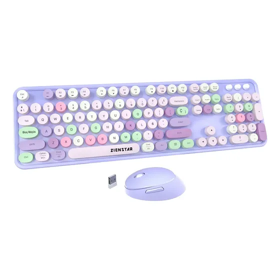 Teclado Y Mouse Inalámbrico Teclas Redondas Multicolor Con Ñ