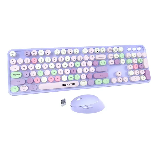 Teclado Y Mouse Inalámbrico Teclas Redondas Multicolor Con Ñ