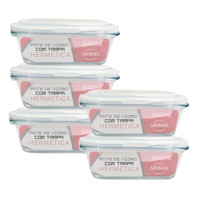 Conjunto 5 Potes Vidro Hermético 640ml Mantimentos Marmita Forno Microondas Transparente