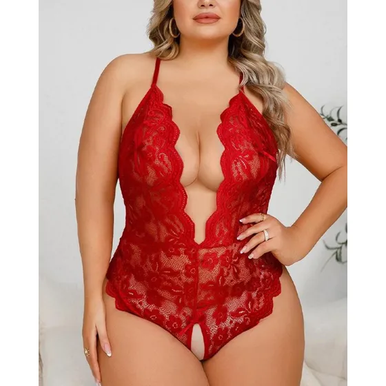 Sexy Conjunto De Lencería Encaje Con Descote En V Talla Plus