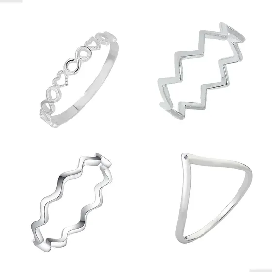 Conjunto 4 Anéis Prata 925 Legítima - Brinde Brinco 3mm 