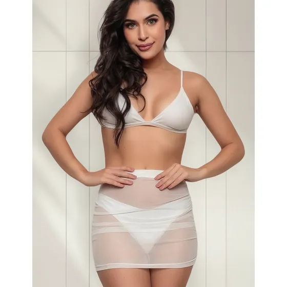 Saida Praia Saia Curta Feminina Drapeada Transparente Tule