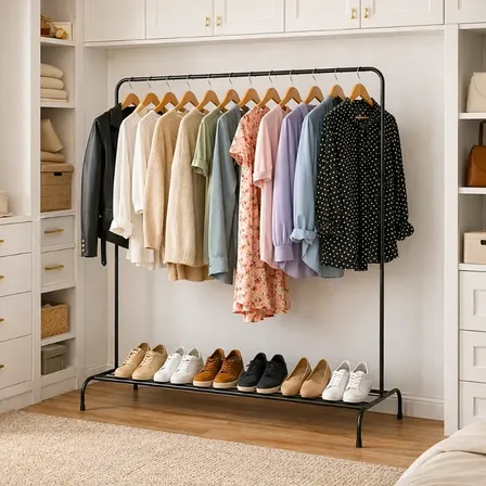 Arara Para Roupas Grande De Metal Resistente Closet Quarto Arara Com Sapateira Preto