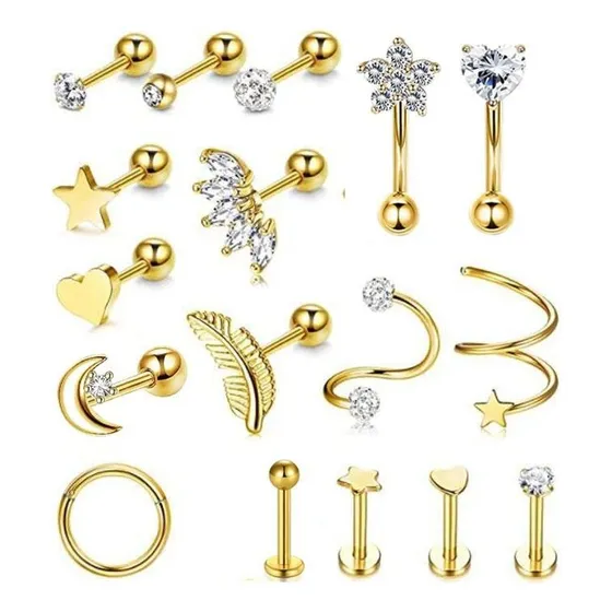 17pcs Piercing Aretes Oreja Cartílago Amor Acero Inoxidable Color Dorado