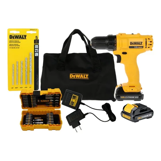 Taladro atornillador inalámbrico de 10mm DeWalt DCD700AC2 12V amarillo mas accesorios con bolsa