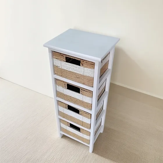 Cajonera Mesa De Luz Madera 4 Canastos Simil Mimbre