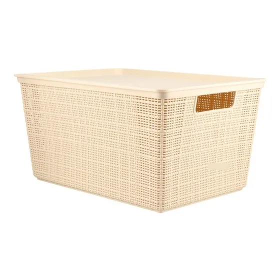 Cesto Caja Canasta Símil Ratán Rectangular Con Tapa Apilable