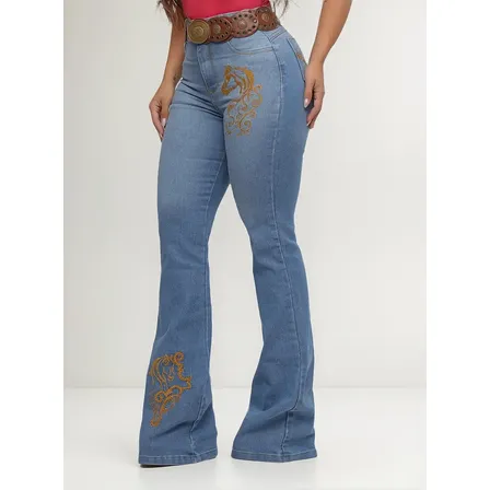 Calça Country Feminina Bordada Jeans Rodeio Com Elastano