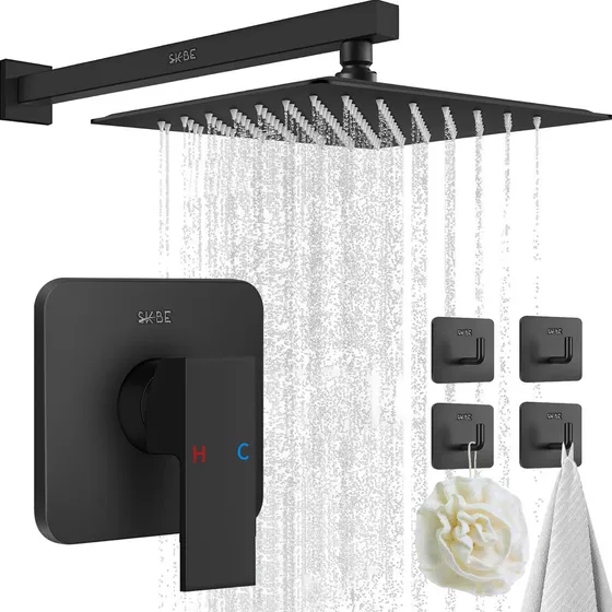 Skbe® Regadera Cuadrada Ducha Tipo Lluvia Alta Presión 20cmx20cm Acero Inoxidable Color Negro