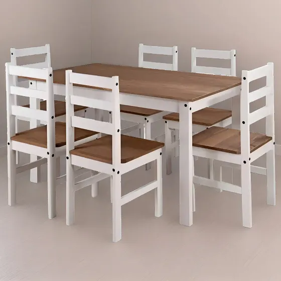 Juego De Comedor Madera Maciza Mesa + 6 Sillas Pino Color Blanco | Cuotas sin interés