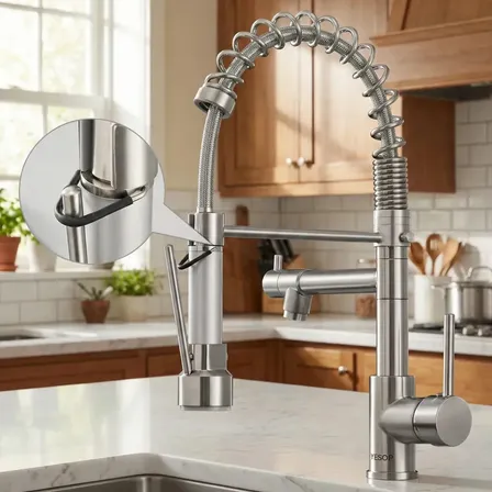 Torneira Cozinha Gourmet Monocomando YESOP,Aço Inox 304, Mola Flexível,2 Modos de Jato, Água Quente e Fria