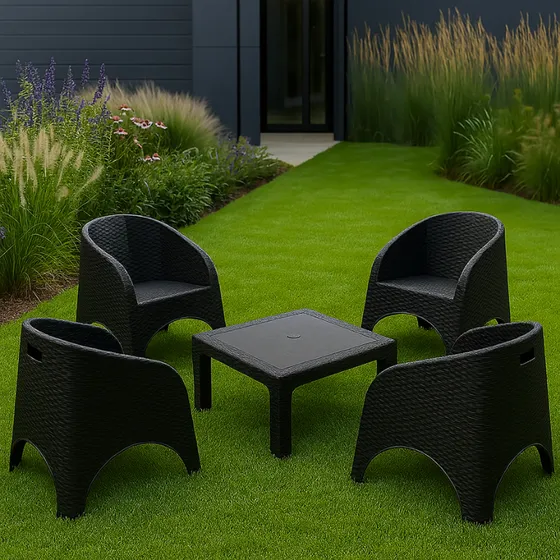 Juego De Jardin 4 Sillones Rattan Alejo + Mesa Ratona 70 Ct Estructura Negro