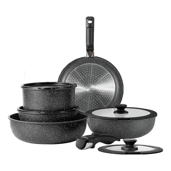Bateria Ollas Sartenes Wok Cocina Carote Juego 11 Piezas Negro Antiadherente Mango Desmontable