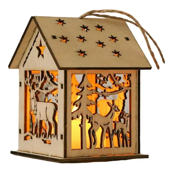 Cabaña Con Renos Luminosa De Madera Decoración Navidad Hogar