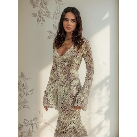 Vestido De Manga Acampanada De Corte Bajo De Crochet Hollow