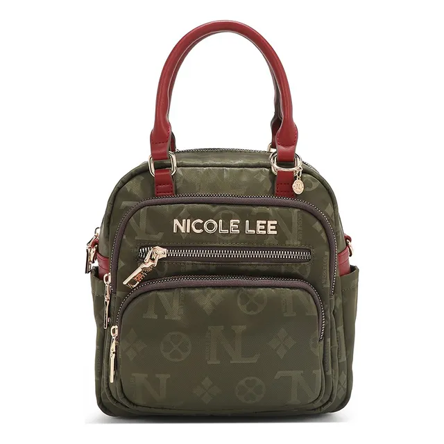 Bolsa Multifuncional Mochila Nicole Lee De Nylon Ss25 Acabado de los herrajes Níquel Color Verde musgo Correa de hombro Olive Diseño de la tela Olive