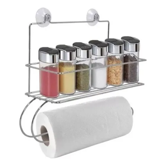Porta Condimentos E Papel Toalha Cromado Com Ventosa Cor Cinza