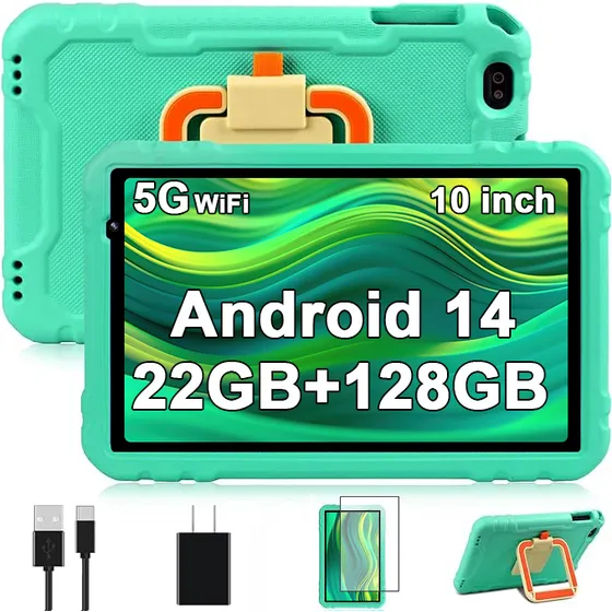 Tablet Niños 10 Pulgadas Android 14 Tableta con Super Protective Antichoque Eva Estuche Protector Verde