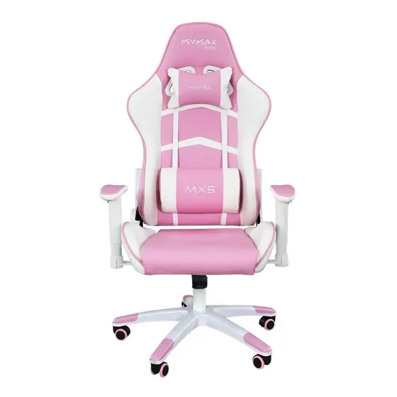 Cadeira de escritório Mymax MX5 gamer ergonômica rosa e branco com estofado de couro sintético