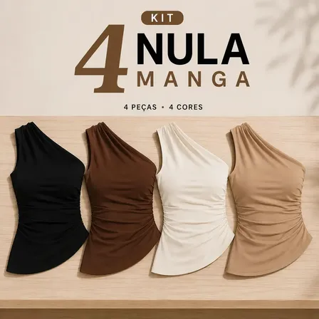 Kit 4 Blusa Nula Manga Feminina Elegante Franzido Assimétric Preto Branco Marrom Nude M