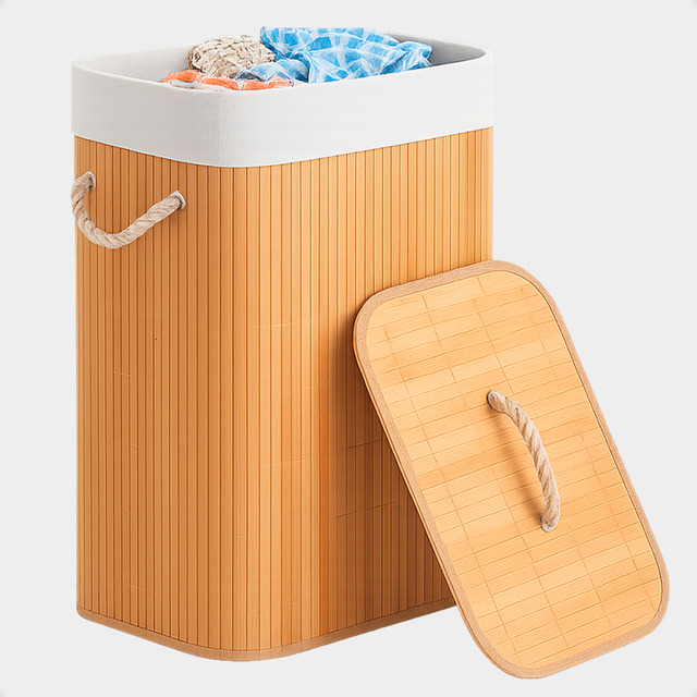 Cesto De Roupa Bambu Dobrável Retangular Com Tampa E Forro 70l Casa Uno