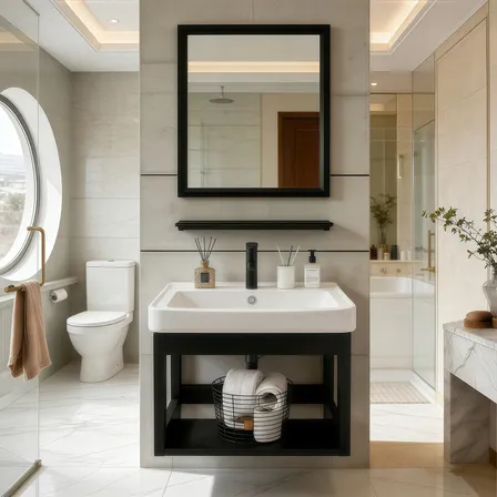 Lavabo Baño Rectangular Pared Con Espejo Y Grifo Integrado Gris Cepillado