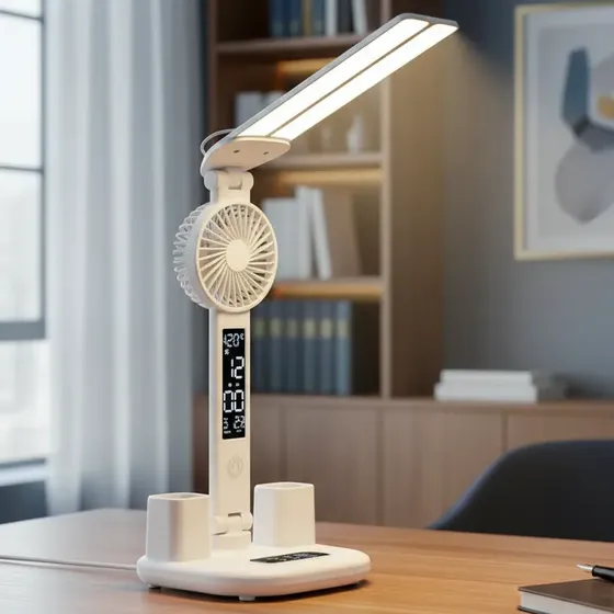 Lámpara De Escritorio, Ventilador, Indicador De Temperatura. Blanco