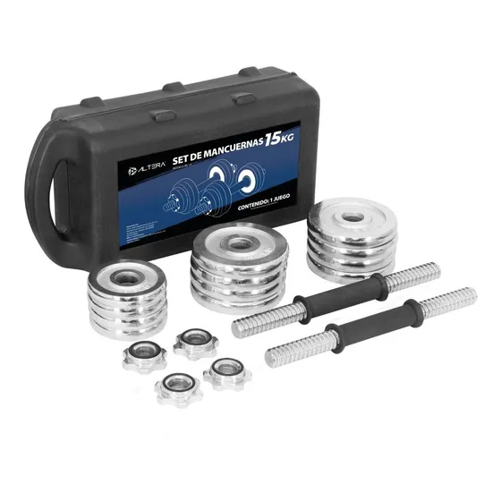 Set De Pesas Mancuernas Ajustable Fitness Con Estuche 15kg Color Plateado