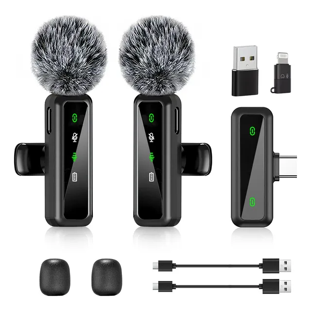 Micrófono inalámbrico Lavalier Cancelación de Ruido Excepcional de alta duración para iPhone iPad Android 2 unidades, Cancelación De Ruido Con Un Solo Toque Reverb Sonido Estéreo Fuerte