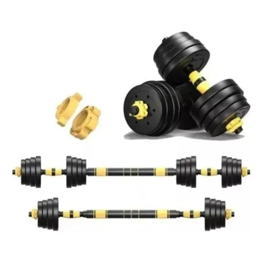 Kit Halteres Fitness 30kg Com Barra Central - Beel Pro Fg Cor Preto/Amarelo