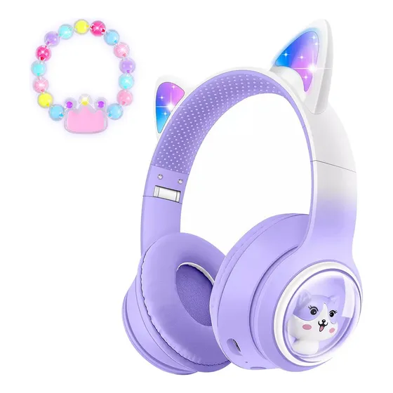 Audifono Tecmiyo Oreja De Gato Bluetooth Luz Led Diadema Niño 400Mah Color Violeta Audifonos Inalambricos Diadema Auriculares Inalambricos Bluetooth