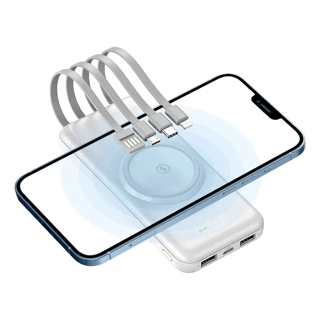 Power Bank Pila Batería Recargable Kimhi Cargador Inalambrico 20,000mah Carga Rapida Portatil Color Blanco Con 4 Cables Y 2 Puertos Usb Cargador Para Celular Tablet Banco De Energia Pantalla Led