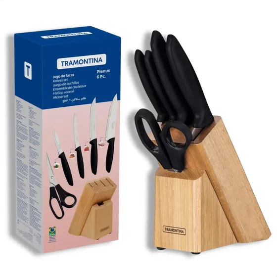 Jogo Facas Tramontina Plenus Inox 6 Peças Cepo Madeira Chef Cor Preto