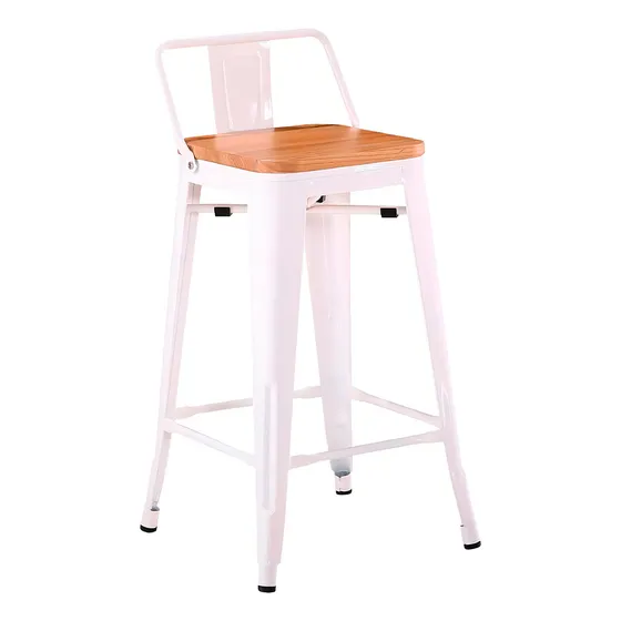 Taburete Blanco Tolix Vintage Respaldo En Metal Asiento De Madera
