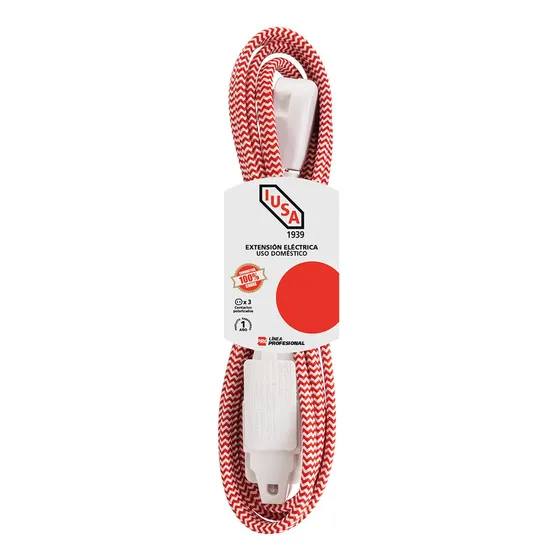 Extensión Eléctrica Trenzada Iusa Rojo Con Blanco 16 Awg 2m
