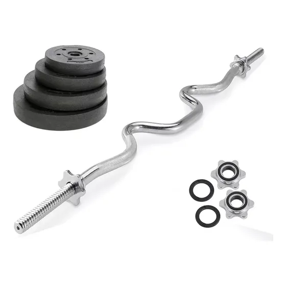 Barra Ez Biceps W + Kit Pesas 20 Kg Discos Maciza Cromada 