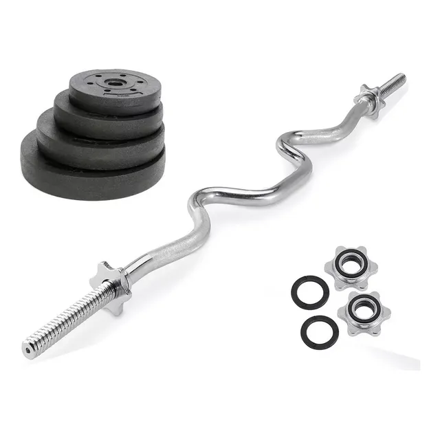 Barra Ez Biceps W + Kit Pesas 20 Kg Discos Maciza Cromada 