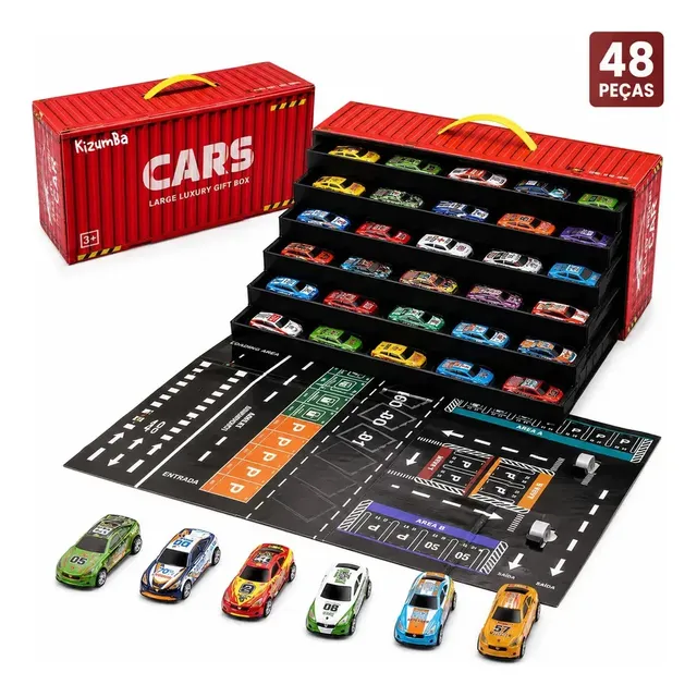 Kit 48 Mini Carrinhos Infantil Colecionador Educativos Com Pista Container Vermelho Liga Metálica Kizumba