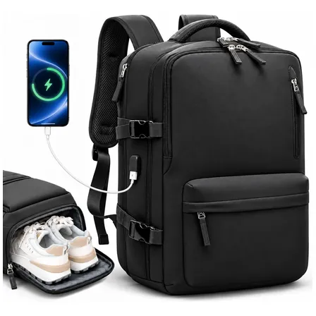 Mochila De Viaje Para Notebook Expansible Impermeable Avión Negro Liso
