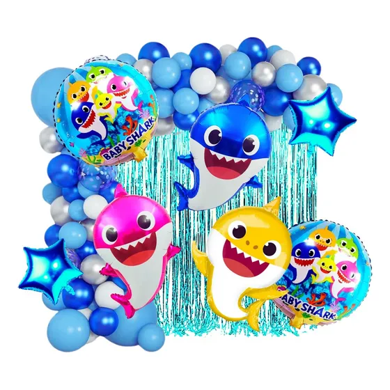 Combo Globos De Cumpleaños Baby Shark Kit Completo Azul Baby Shark