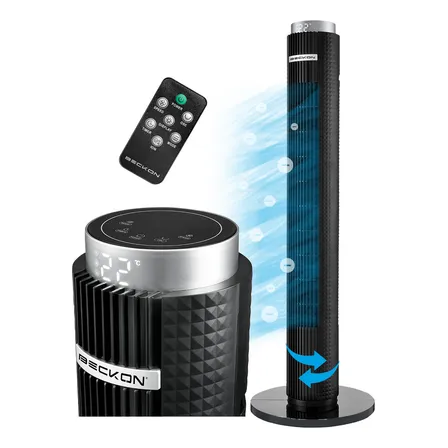 Ventilador De Torre Premium Corte Diamante Negro Con Ionizador + Control Remoto Oscilación Temporizador Display Led 97cm De Alto 15 Meses De Garantía Beckon
